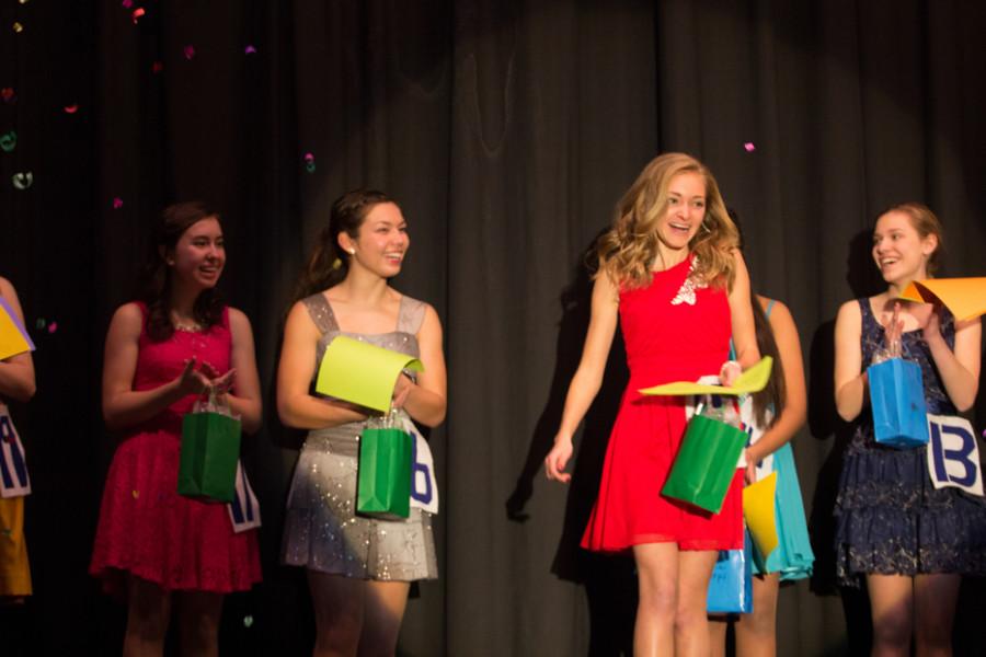 Kumer walks to accept her title of the 2015 Distinguished Young Woman of Brookfield. (From left to right: Allison Hartwig, Cassie Jehly, Emma Kumer, and Sam Ramney.)