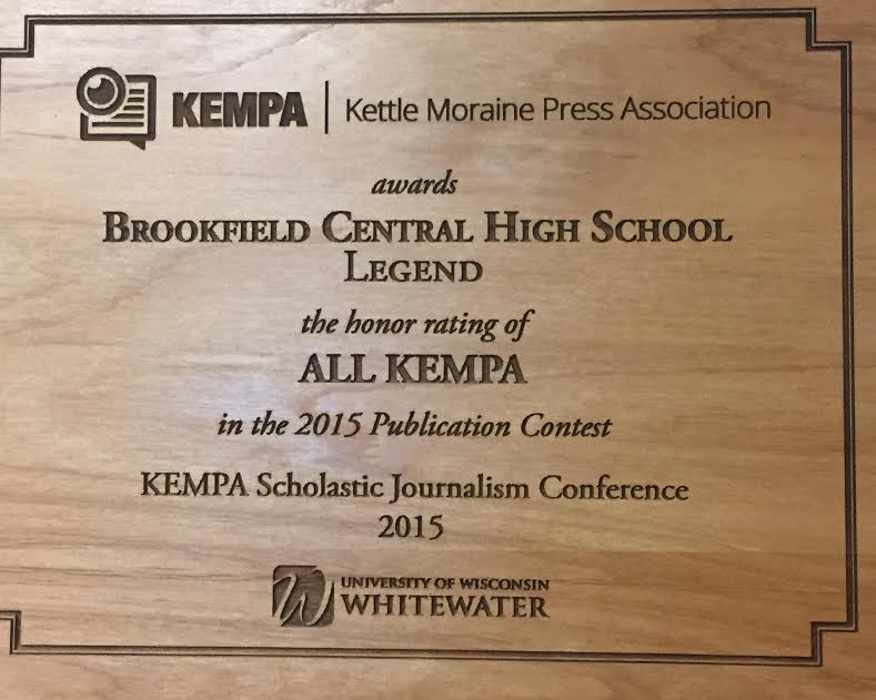 The plaque awarded by KEMPA to the BC Legend Yearbook from the 2015 Conference.