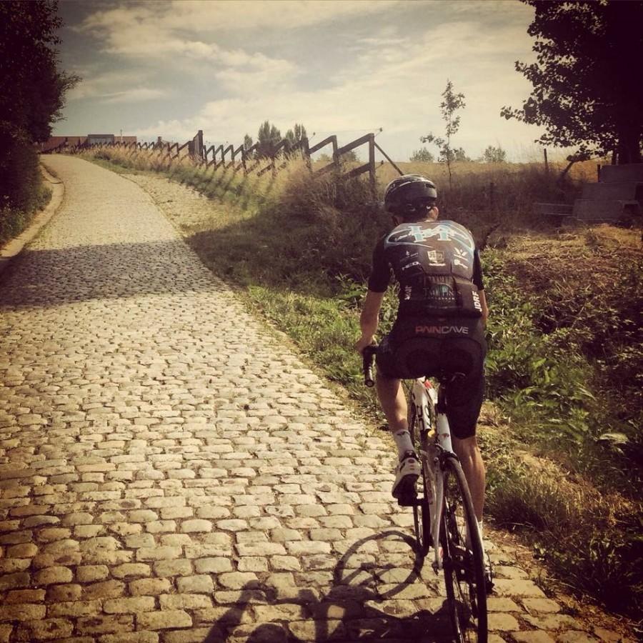 Wajda cycling through the cobblestone pathways of Europe  this past summer.  The above photo was taken during one of Wajda’s practices  on the Paterberg climb just outside of Oudenaarde in Belgium.