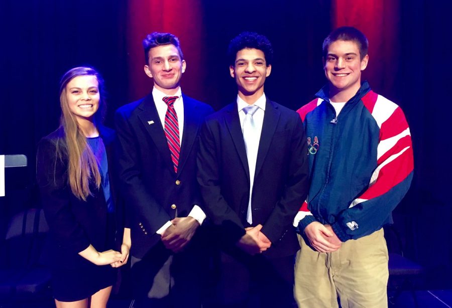 Candidates Hope Peterson, Gunther Treis, Kuma Okoro, and John Schneider pose after a succesful Presidential debate. Mr. Matt Dapelo said, “I thought my students were super awesome, largely active, creative, and did things I didn’t expect or ask for. I was very impressed.”