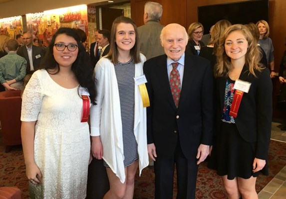 BC seniors pose with Senator Herb Kohl after being awarded the Herb Kohl Scholarship. From left to right: Erica Calvache (16), Jordan Seymour (16), Senator Herb Kohl, and Emma Kumer (16).
