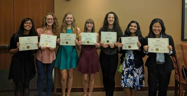 From left to right: Hema Gharia (17), Taylor Latona (17), Kiley Smith (17), Megan Moretti (17), Emily Johnson (17), Ananya Rajaraman (17), and Becca Yi (17) accept their recognition as leaders in the BC community. Each of these honorees serve on the Key Club executive board at BC.