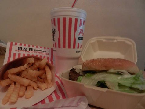 This is an order of fries, burger, and chocolate shake. The portion sizes at Portillo's are larger than expected. 