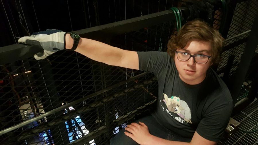 Henning Mahn (18), right-wing stage manager, poses up on the weight loading catwalk behind the scenes of the stage.