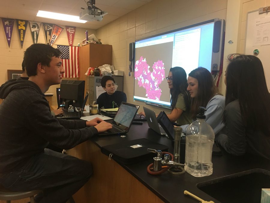 From left to right: Benjamin Tan (‘19), Eugene Kim (‘17), Leslie Bonilla (‘17), Madison Hummel (‘17), Alice Zheng (‘17). The team is shown discussing the structure of their model of methemoglobin.