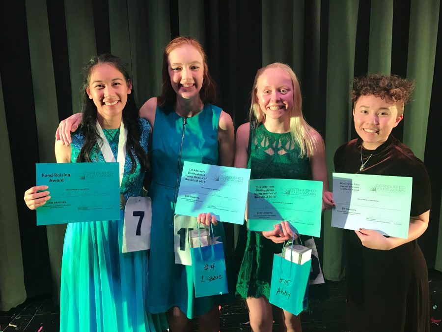 Harriet Huang (BE) earned the title of Distinguished Young Woman of Brookfield, while Lizzie Peterson (BC), Abby Mauermann (BC), and Evy Doan (BC) were recognized as first, second, and third alternates, respectively. Each won awards in the individual categories as well.