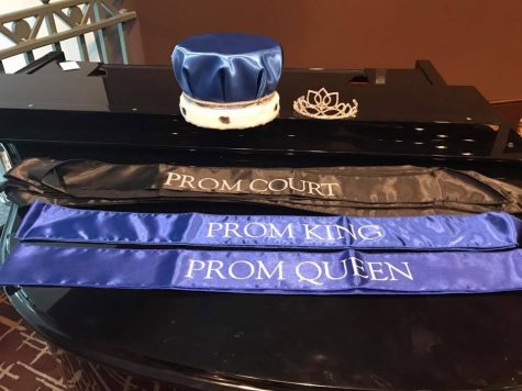 Prom court sashes and Prom King and Queen crowns sit ready before the Prom Court Ceremony. 