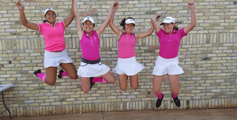 Left to right: Sophia Sun (‘18), Lexi Romero (‘18), Emily Balding (‘18), and Emma Whitfield (‘18) jump with joy after finishing 15 strokes under par, coming in first place at the annual Arrowhead Scramble Invitational held at Ironwood Golf Course.