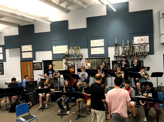 Mr. Gillette directs Jazz 1 during their morning practice. The group is preparing for Bebop and BBQ, which will be held on Saturday, June 1 from 6-10 p.m.