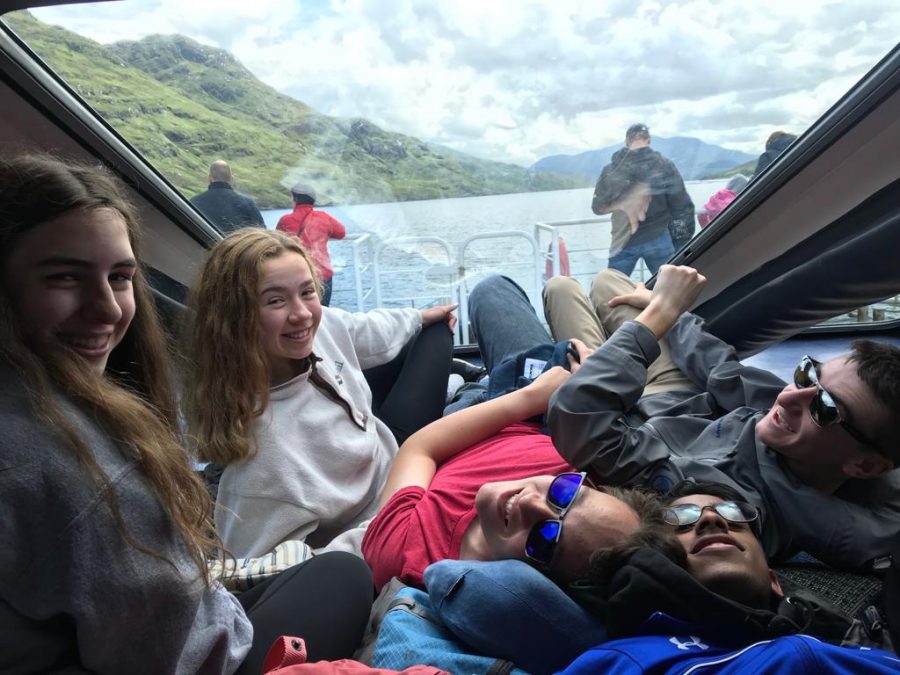 From left to right: Emma Basel (21), Nathan Tan (21), Praneil Thankavel (21), and Evan Bagwell (21). The students take a boat tour of Killary Fjord during their day trip to Connemara, Ireland. They learned about the potato famine during the tour.