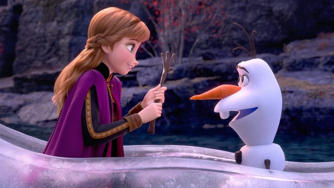 A screen cap from the movie above shows Anna (Kristen Bell) trying to help Olaf (Josh Gad) while adventuring into the unknown.