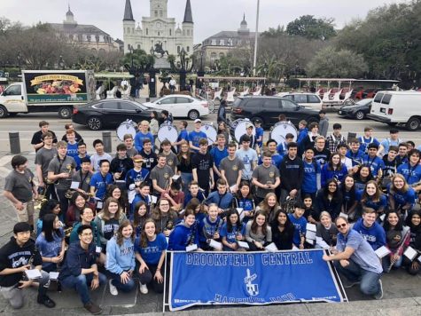 The BCHS band poses for a group shot after their pep band performance in Jackson Square